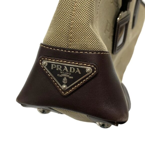 PRADA Logo Jacquard Beige Dark Brown Jacquard Leather Tote Bag 656-042725 - Picture 6 of 14